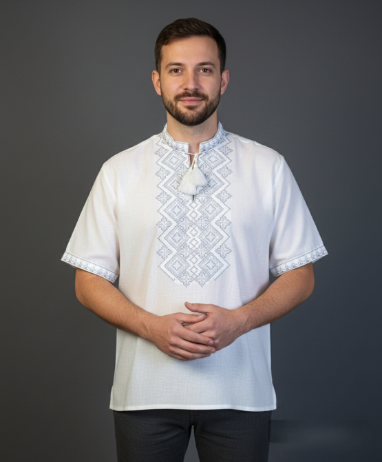 Белая мужская рубашка-вышиванка серых оттенков на короткий рукав 46 Киев - изображение 1
