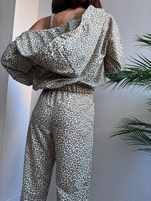 Жіночий леопардовий костюм-трійка з подвійним капюшоном двонитка Беж, 46/48 Одеса - фото 10