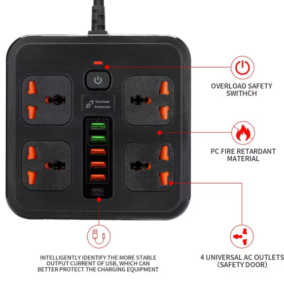 Мережевий фільтр BKL-666 1 QC3.0 + 1 PD20W + 5 USB, 100-250V, 10А, 4 розетки, чорний Кам'янець-Подільський