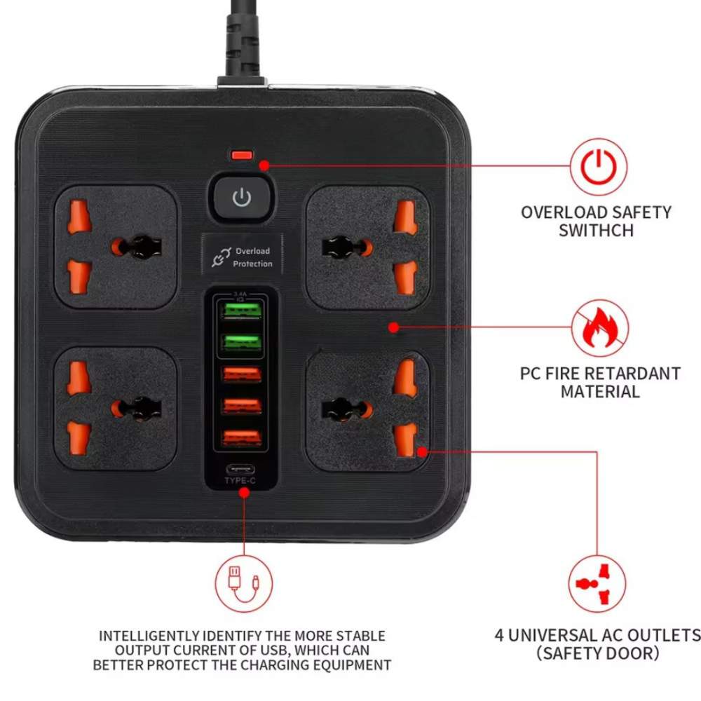 Мережевий фільтр BKL-666 1 QC3.0 + 1 PD20W + 5 USB, 100-250V, 10А, 4 розетки, чорний Кам'янець-Подільський - фото 5