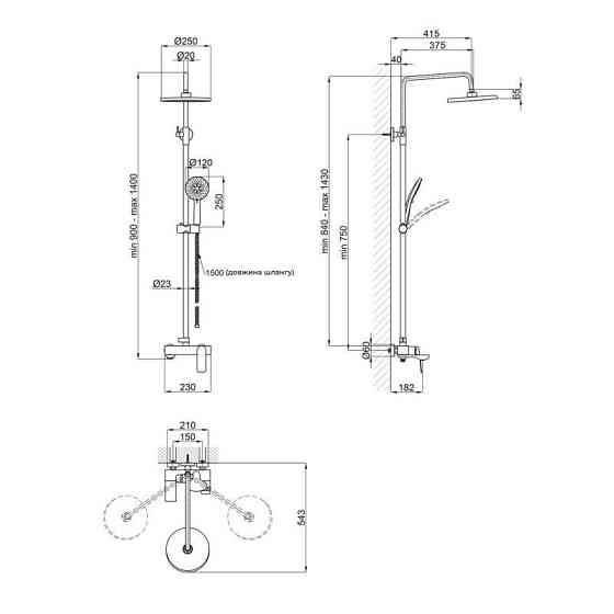 Душевая система из латуни Qtap Vlasta New на три потребителя (с изливом) QTVLA111GMB45651 Gunmetal Black Харьков