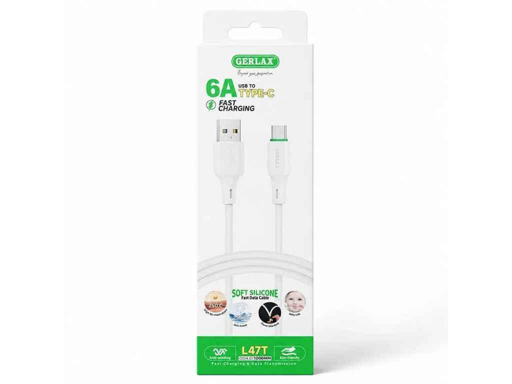 Кабель USB - Type-C L47T 6A QC3.0 силіконовий білий 1м ТМ GERLAX Київ - фото 1