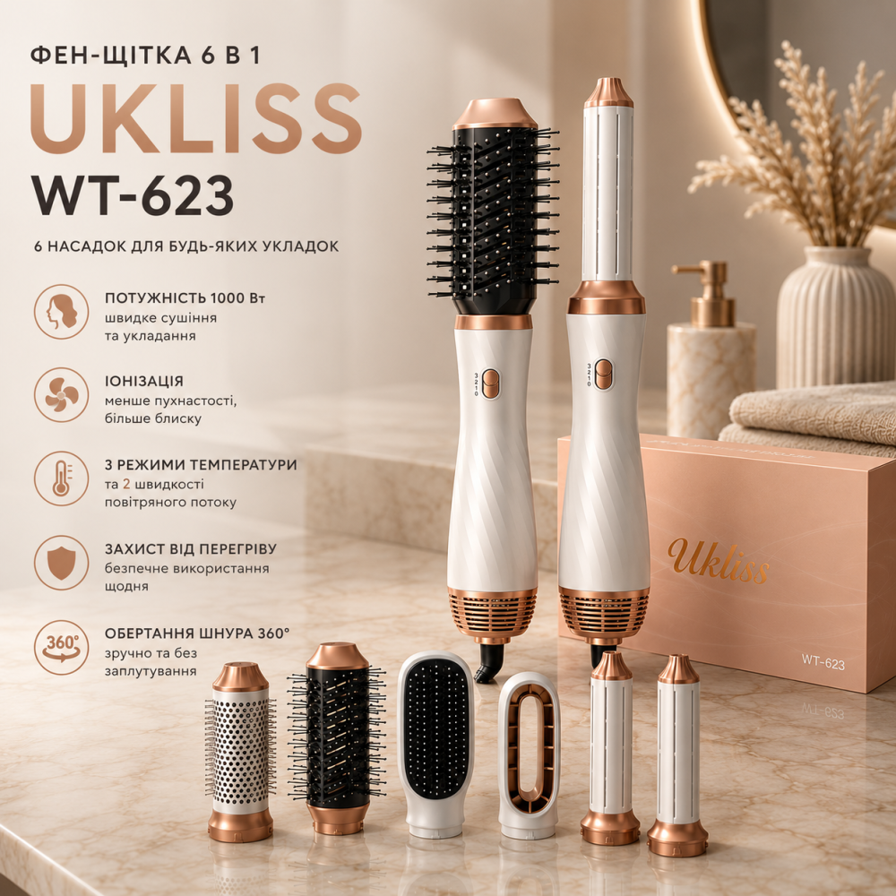 Фен-щітка UKLISS WT-623 6 в 1, стайлер для волосся 1000 Вт фен браш, мультистайлер з насадками для сушіння, завивки та випрямлення Київ - фото 9