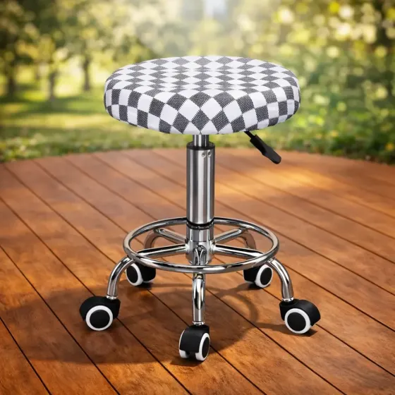 Стул косметологический без спинки на колесах с подставкой для ног, регулировка высоты Шахматка серая Киев