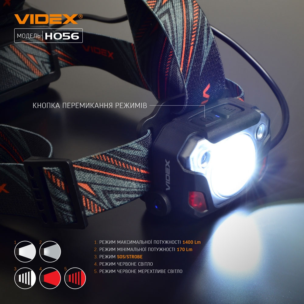 Ліхтарик LED налобний 1400Lm 6500К чорний VLF-H056 Videx Житомир - фото 8