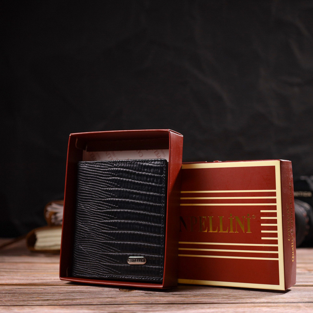 Шкіряне компактне портмоне для чоловіків з тисненням CANPELLINI 21739 Чорне Київ - фото 1