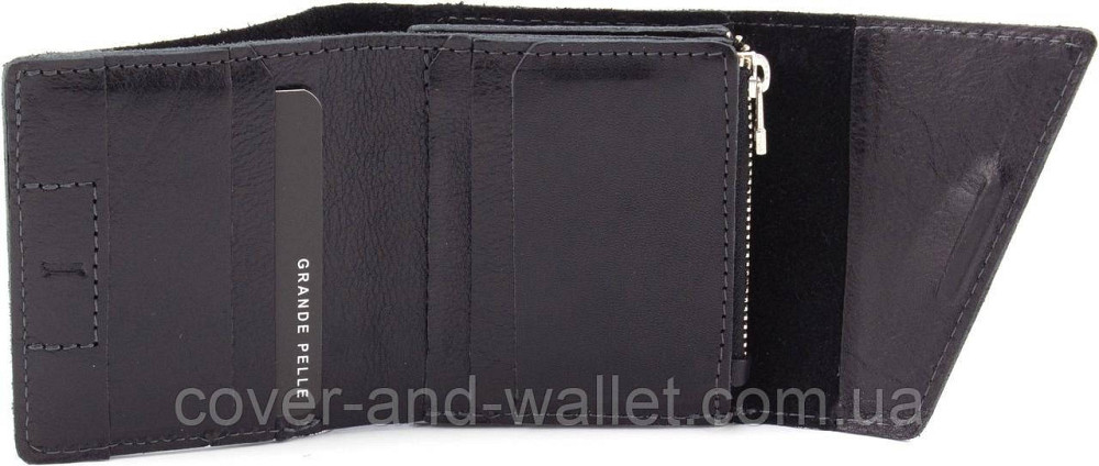 Маленький чоловічий гаманець із італійської шкіри чорного кольору на магніті Grande Pelle 910410 Київ - фото 4