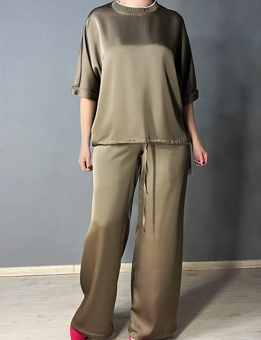 Костюм жіночий A-N 27012 шовковий блузка з брюками палаццо оверсайз бежевий, бежевий, M Київ - фото 20