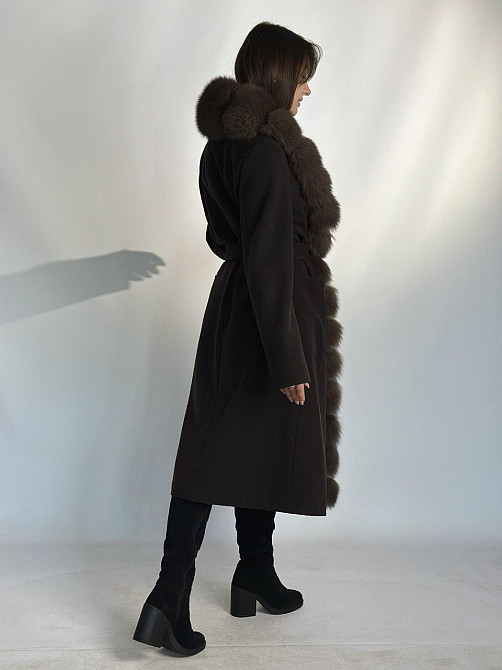Женское кашемировое пальто с мехом по всей длине Шоколад, 46 Харьков - изображение 2