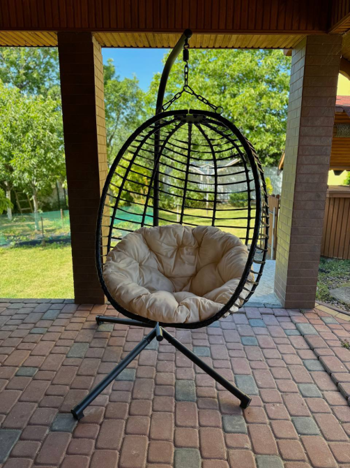 Підвісне садове крісло гойдалка (кокон / гніздо) SAN VITO з м'якою бежевою подушкою, Чорний Київ - фото 4