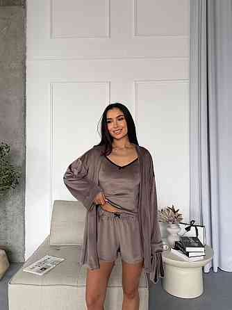 Женский повседневный домашний велюровый комплект тройка: халатик+майка+шорты Капучино Одесса