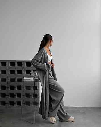 Женский базовый костюм двойка: кардиган и штаны палаццо из плотного рубчика Серый Одесса