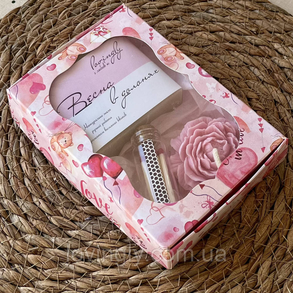 Весняний міні подарунок: мило ручної роботи "Весна в долонях" , свічка троянда, сірники в колбі, коробка Ірпінь - фото 1