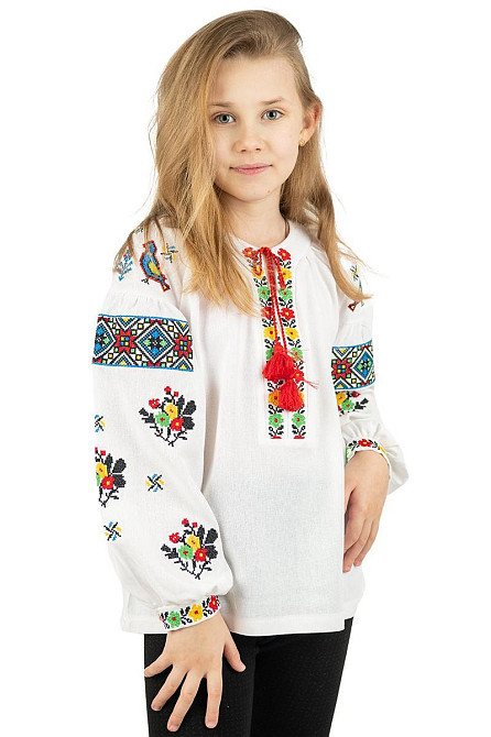 Вишиванка для дівчаток, біла, лляна, з довгим рукавом, топ Київ - фото 1