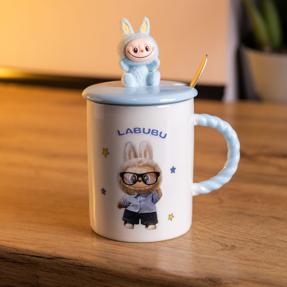 Чашка фарфоровая с крышкой и ложкой Labubu 300 (мл) подарочная кружка прикольная чашка для детей на подарок Голубой FM-35B SBR Киев - изображение 1