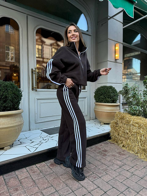 Жіночий теплий костюм у спортивному стилі з лампасами двосторонній фліс Шоколадний, 46/48 Одеса - фото 1