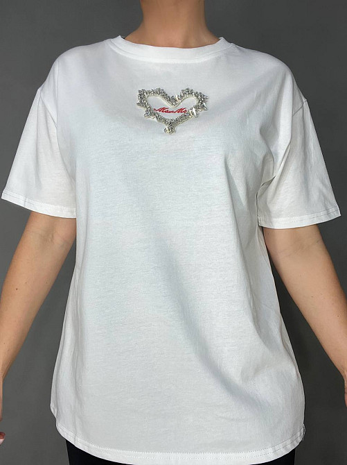 Футболка жіноча Anni 046 оверсайз базова однотонна з вишивкою серце в камінцях one size, білий, one size Київ - фото 8