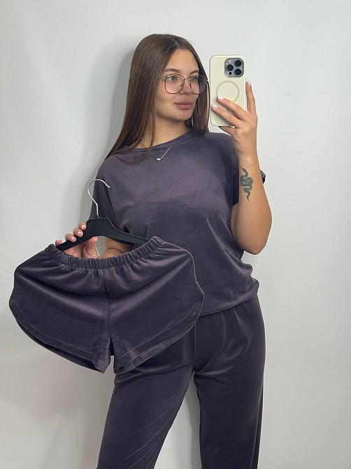 Пижама-комплект (футболка+шорти+штаны) из плюшевого велюра Шоколад XL Харьков - изображение 6