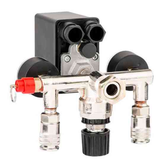 Пресостат 220 В (блок автоматики компресора) в зборі: пресостат, редуктор, 2 манометри, запобіжний клапан, 2 виходи INTERTOOL Киев