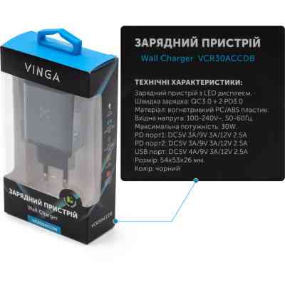 Зарядное устройство Vinga 2xUSB-C PD30W + USB-A QC30W Display 30W Max (VCR30ACCDB) Винница