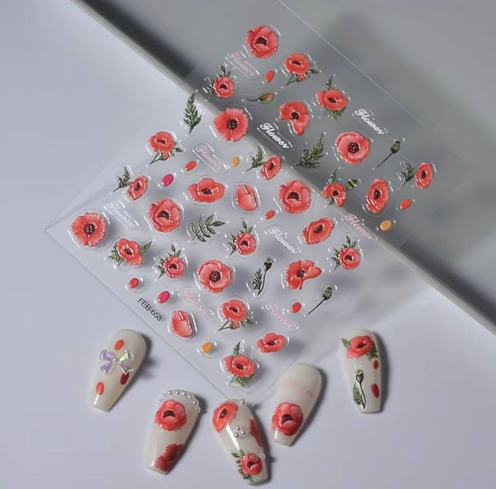 3D наклейки для нігтів квіти маки, водонепроникні слайдери для манікюру Київ - фото 3