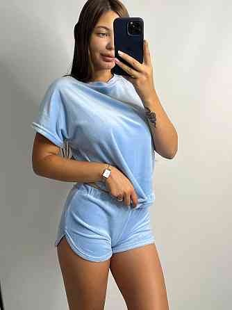 Пижама-комплект (футболка+шорти+штаны) из плюшевого велюра Голубой L Харьков