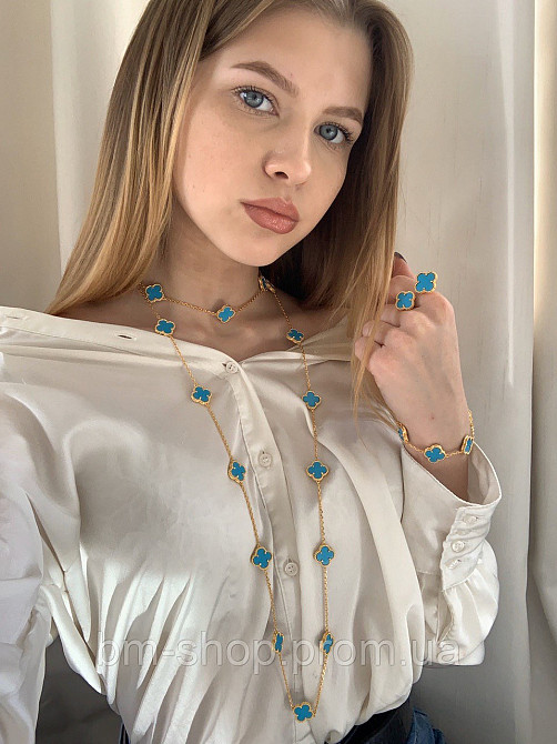 Брендове подвійне кільце, стиль Ван Кліф із покриттям лимонного золота AU750, блакитний конюшина Одеса - фото 7