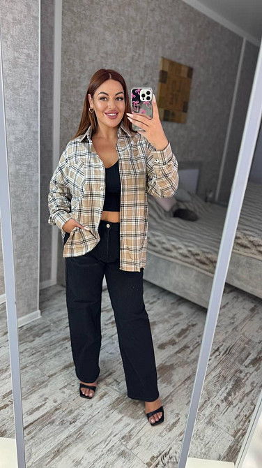 Женская оверсайз рубашка в клетку турецкая фланель Беж 2, 42/48 Одесса - изображение 5