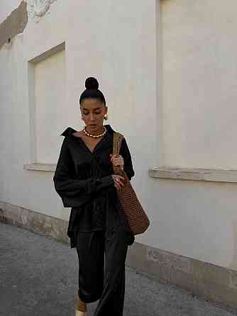 Жіночий стильний повсякденний шовковий костюм Чорний, 46/48 Одеса