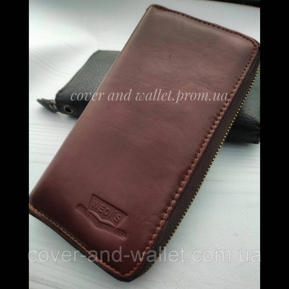 Стильний чоловічий шкіряний гаманець на одну блискавку бордового кольору Wedis Київ - фото 7