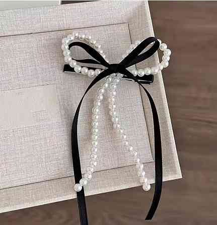 Заколка для волос бантик с жемчугом (9×17 см) – черная Киев