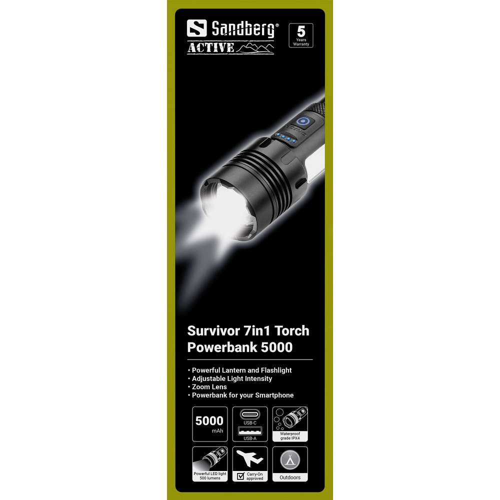 Ліхтарик-повербанк Sandberg Survivor 7 in 1 Torch Powerbank 5000 mAh XHP50 LED USB-C 5W Вінниця - фото 5