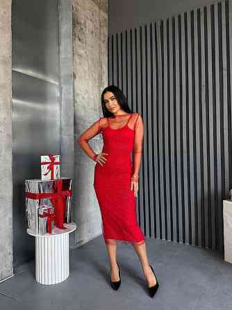 Жіноча елегантна вечірня мідіплаття віскоза та сітка блискавка Червоний, 46/48 Одеса