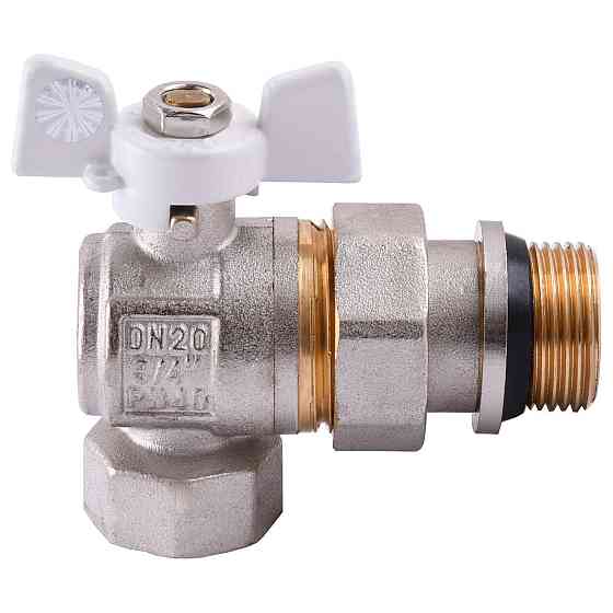 Кран шаровый угловой с американкой Q PROFESSIONAL QP004 PN40 3/4″ антипротечка, Белая бабочка Киев