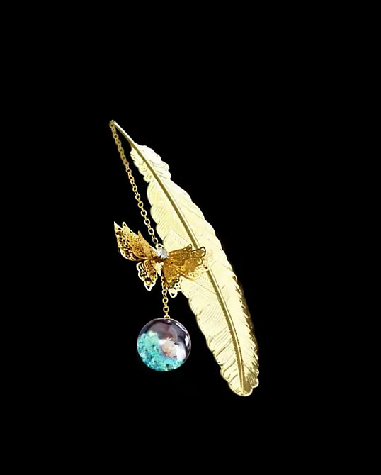 Елегантна металева закладка з пером, 3D-метеликом і листком. Витончена закладка для читання, подарун Київ - фото 2