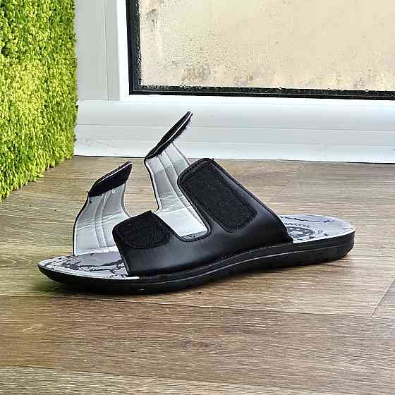 Мужские Шлёпанцы Тапочки Сланцы Чёрные Кожаные на Липучке (размеры: 41,42,43,44,45) Днепр