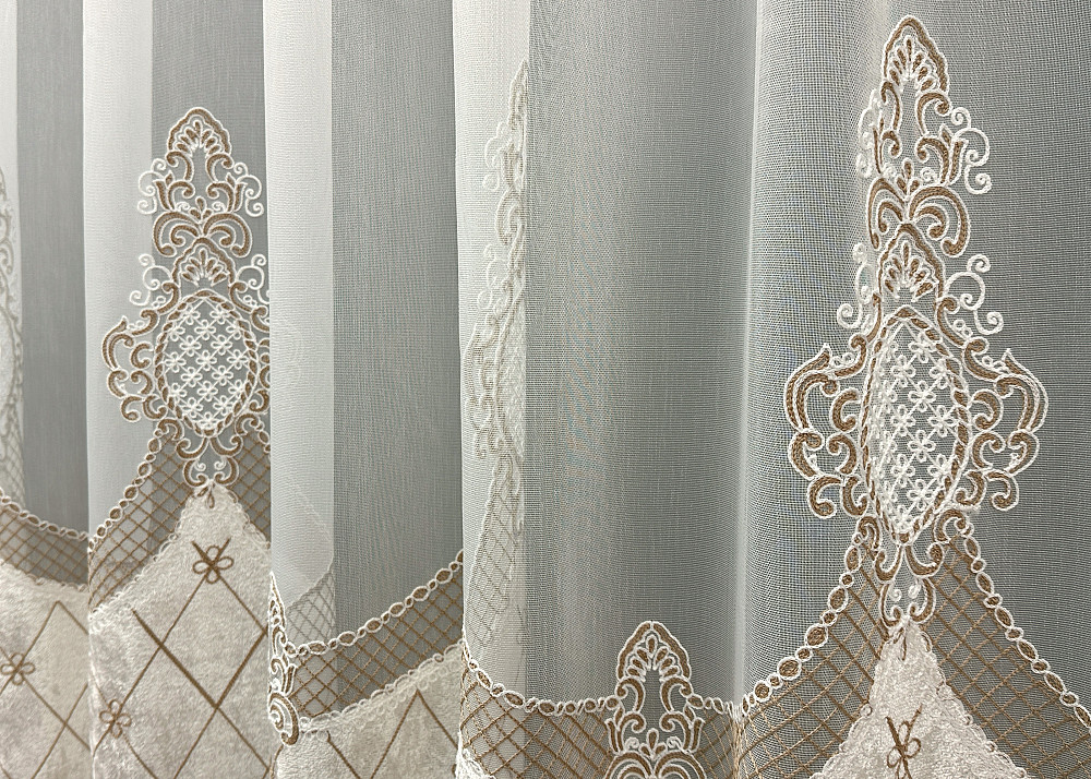 Тюль VR-Textil 1813т Бамбук с вышивкой и бархатом Айвори с бежевым 300х270 см (40-112) Киев - изображение 5