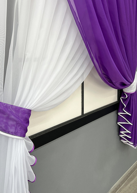Кухонні шторки VR-Textil № 060к "Дует" з підв'язками фіолетовий з білим 330х170 см (50-152) Київ - фото 3