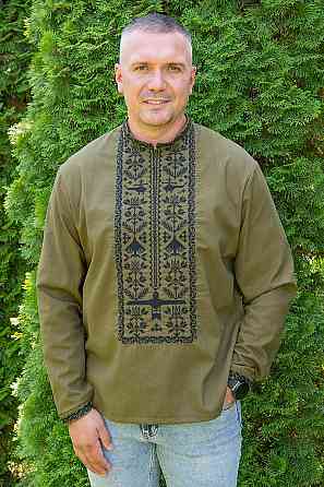 Вишиванка чоловіча лляна, хакі, довгий рукав, топ 64 Київ