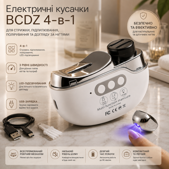 Электрические кусачки BCDZ 4-в-1 для ногтей, LED-подсветка, 3 скорости, USB, полировка, белые Киев
