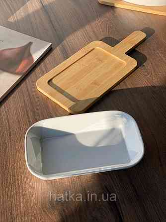 Тарілка сервірувальна з бамбуковою підставкою "Білосніжна" 19,5*12 см h 3 см кераміка Київ