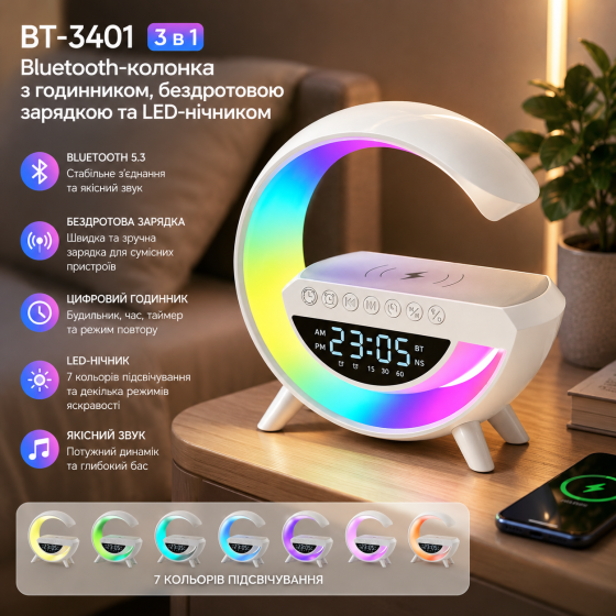 BT-3401 Bluetooth-колонка 3 в 1 с цифровыми часами, беспроводной зарядкой и LED-ночником, 7 цветов, белая Киев