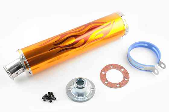 Глушитель (тюнинг) 420*10 см, креп. Ø78mm (нержавейка, пламя, золото, прямоток, mod:2) Мукачево