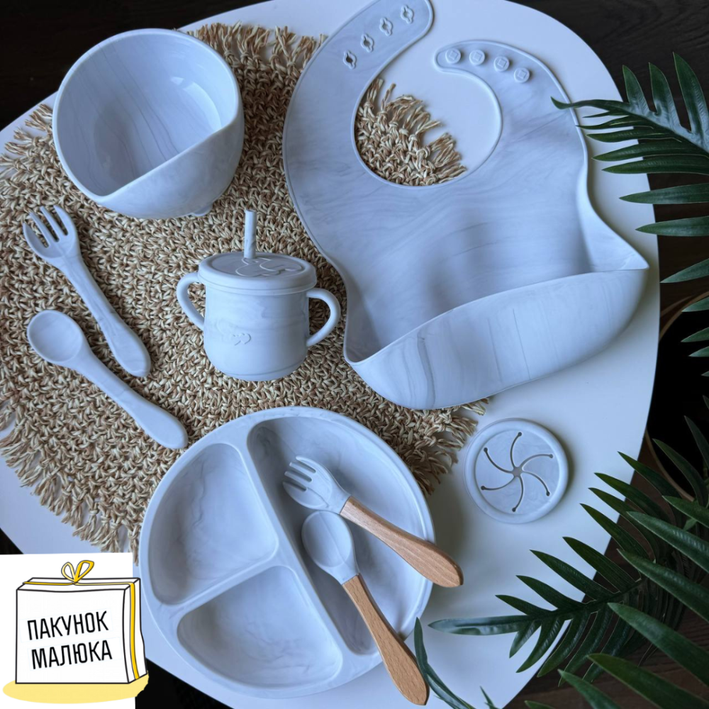 Набор детской силиконовой посуды для детей удобная силиконовая посуда на присосках 9 предметов белый мрамор Киев - изображение 1