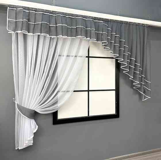 Кухонний комплект VR-Textil № 062к шторка з ламбрекеном графітовий із білим 200х160 см (59-982) Київ