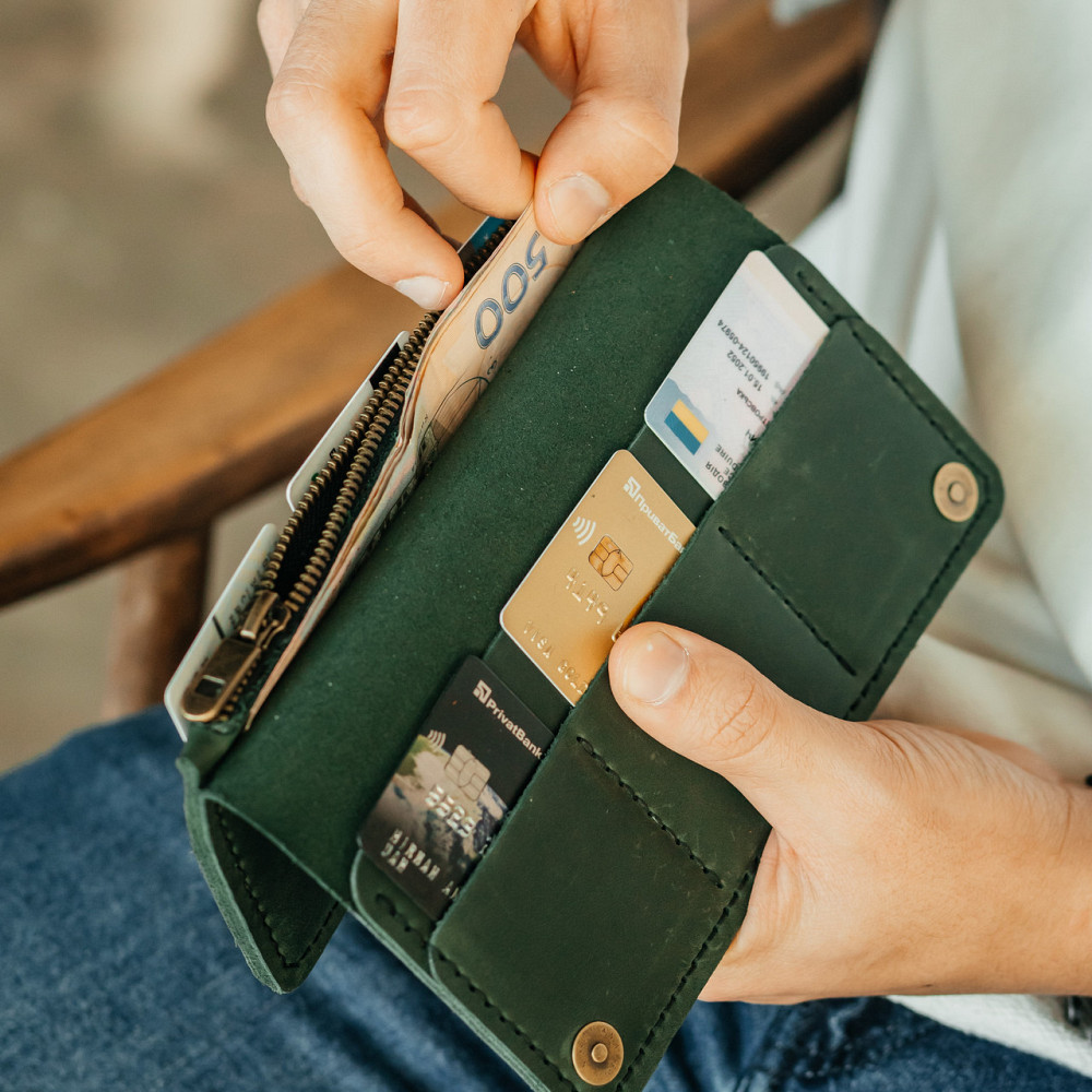 Клатч чоловічий шкіряний Лонгер Зелений стильний на кнопках 20х10 см з відділеннями для купюр, карт та монетMasterSem Київ - фото 4