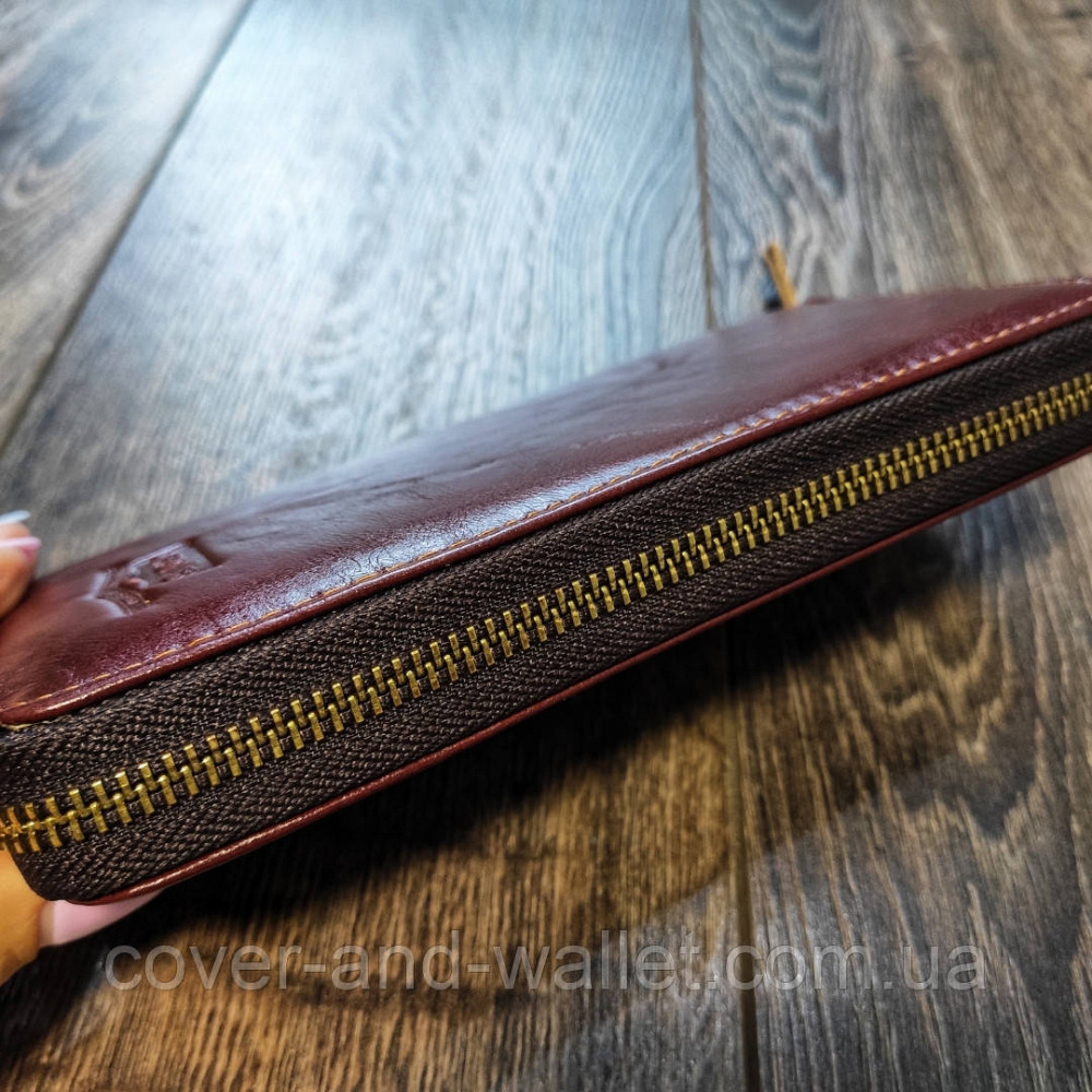 Стильний чоловічий шкіряний гаманець на одну блискавку бордового кольору Wedis Київ - фото 4