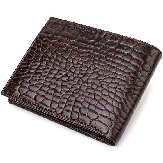 Чоловічий гаманець без застібки з натуральної шкіри з тисненням під крокодила Коричневий (CANPELLINI) Київ