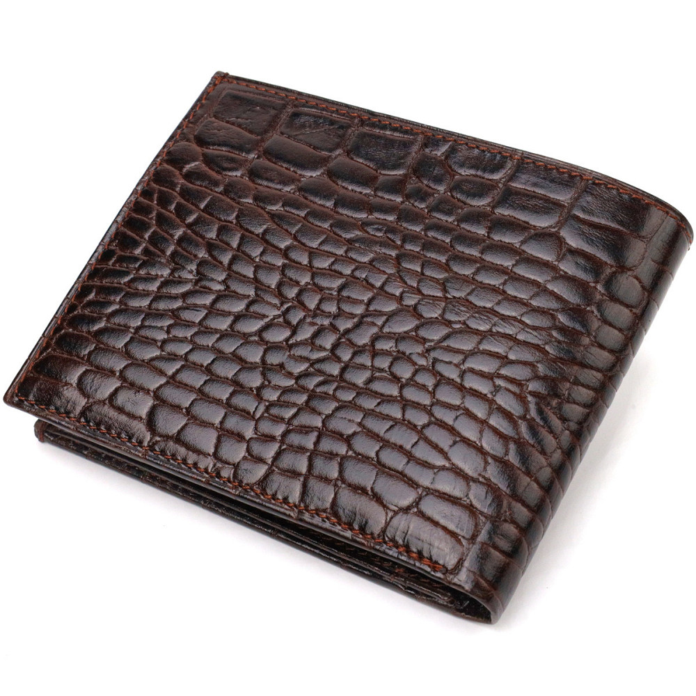 Чоловічий гаманець без застібки з натуральної шкіри з тисненням під крокодила Коричневий (CANPELLINI) Київ - фото 6
