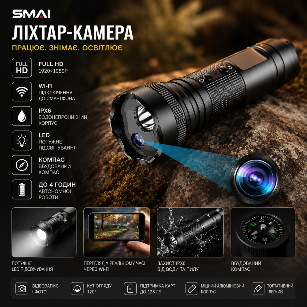 Фонарь-камера FULL HD с IPX6 + светодиодная подсветка + компас камера видеонаблюдения Киев - изображение 6